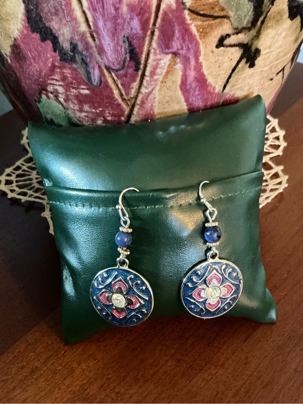 Blue and Fuchsia Enamel Floral Drop Earrings With Rhinestone Center